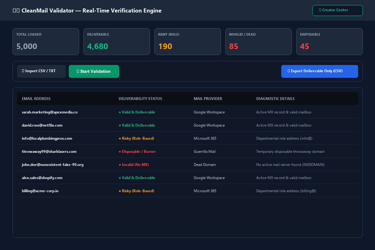 CleanMail Dashboard and Live Telemetry