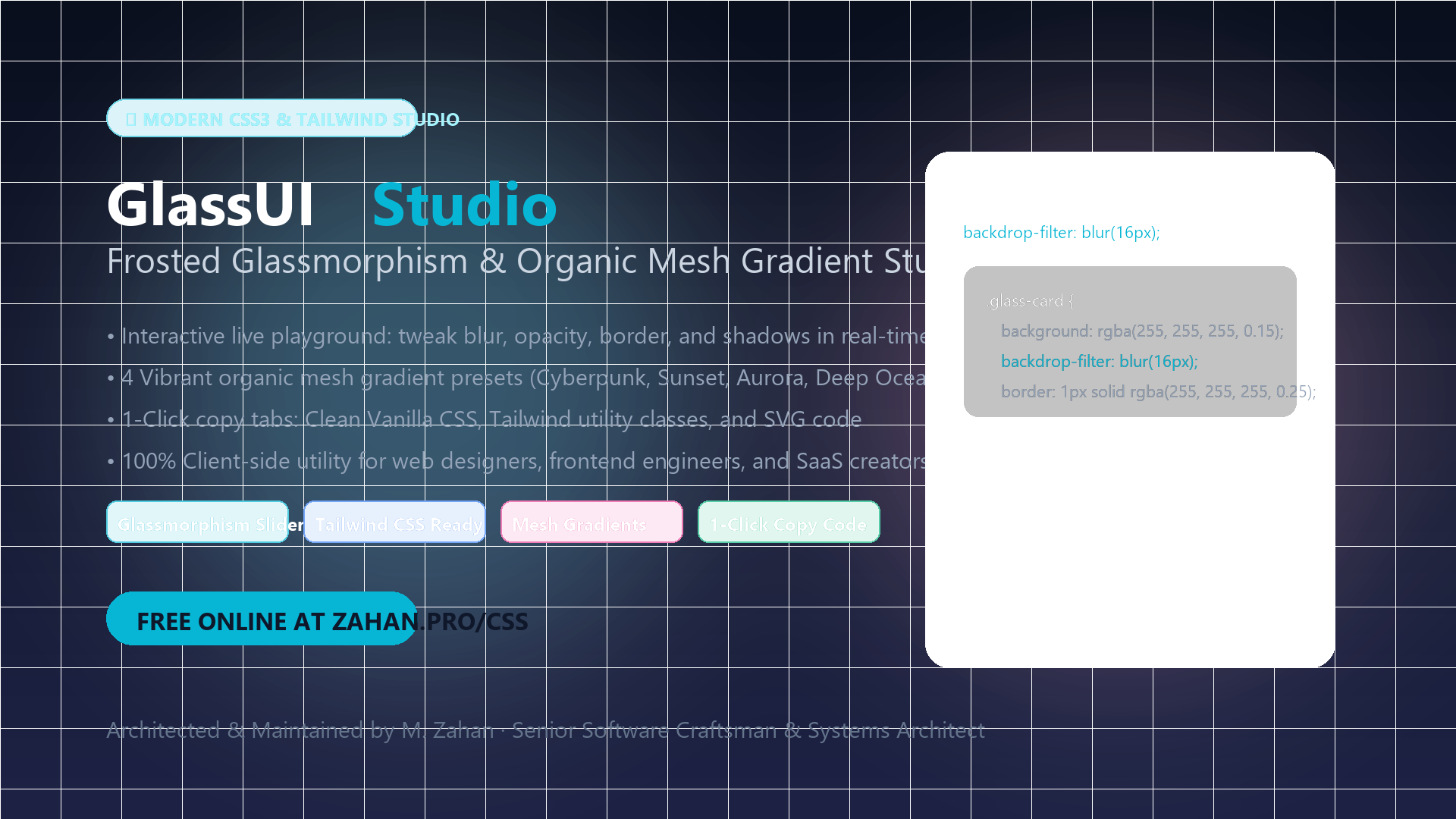 GlassUI Studio — Modern CSS Glassmorphism & Mesh Gradient Playground (Offline Standalone Edition)