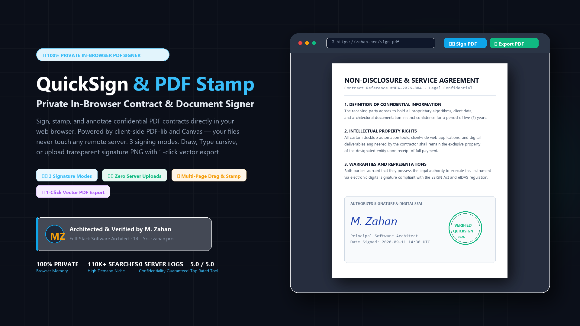 QuickSign & PDF Stamp — 100% Private In-Browser Document Signer